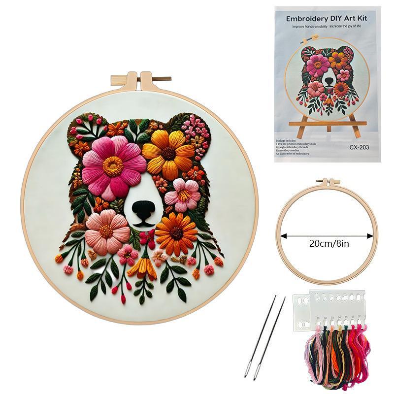 Bear Flower Embroidery Kit – DIY Needlework Craft Set with English Guide Beginner-Friendly Floral Stitching Project Ideal for Relaxing Crafts & Unique Home Decor
