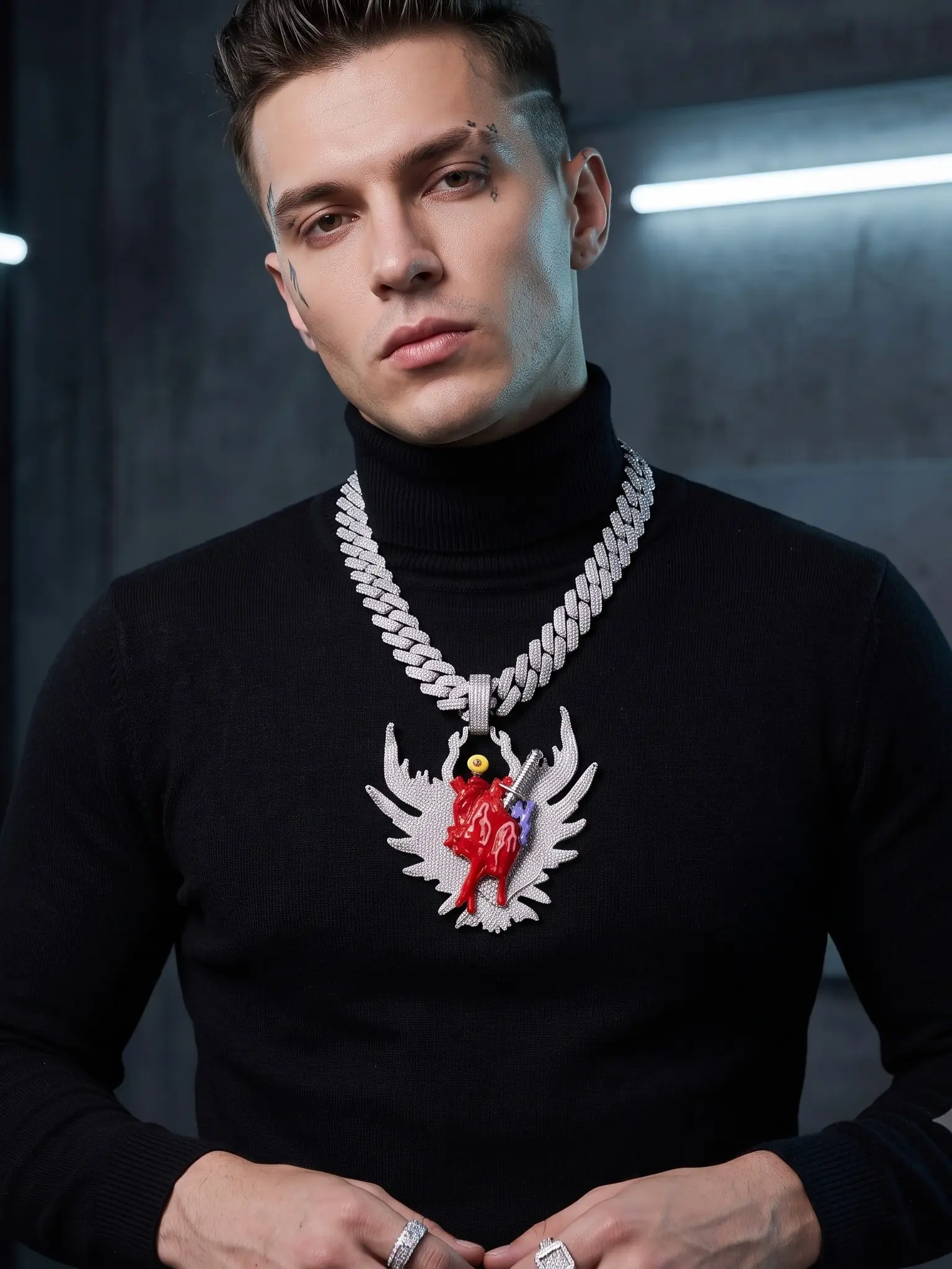 Gothic Bleeding Heart Winged Pendant with 60cm Steel Bead Chain, 5a Cz Bling, Punk Necklace, Elegant Jewelry for Gothic Lovers, Perfect Gift Idea