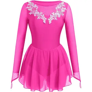Women Figure Ice Skating Dress Rhinestone Embroidery Mesh Long Sleeve Leotard for Gymnastic Competition Practice