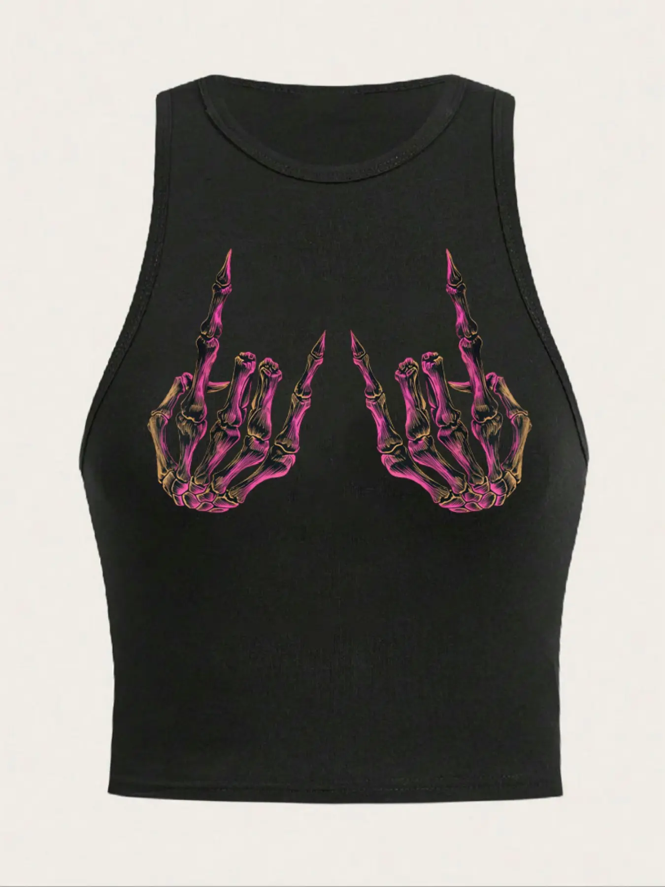 Y2K punk skeleton hand goth metal gesture print sleeveless vest top Slim Tank Top, dark street style casual short top, women's summer fashion trend outfit