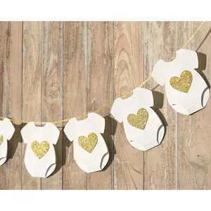White  Shower Paper Garland  Banner 9 count 8 Ft | Pre-Strung Short-Sleeve Bodysuits Clothesline  Birthday  Outfit Decorations Cardstock with Glitter Heart