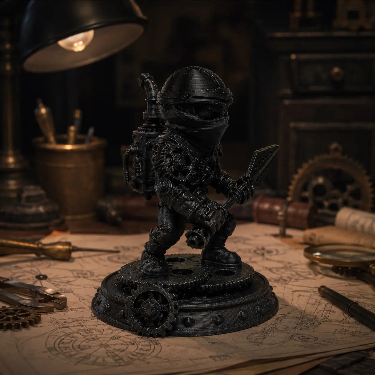 Mechanical Ninja Warrior Desktop Decor, Dark Sci-Fi Mech Samurai Statue, Gear Base Collectible, Office Desk Display, Gift for Men, Figurines Decor