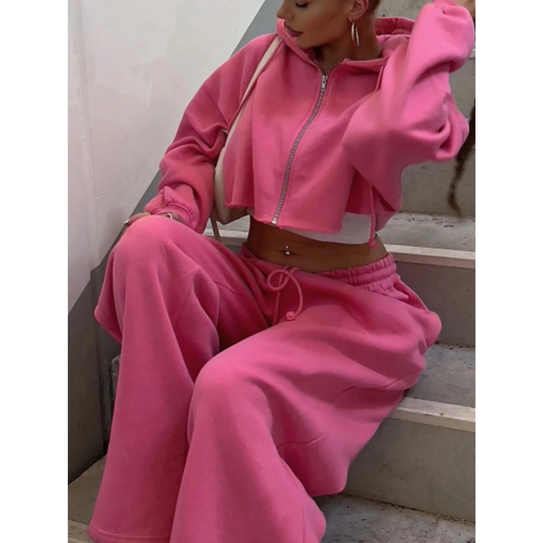 Women's 2 Piece Tracksuit, Casual Solid Knitted Set with a Cropped Zip-Up Hoodie and Slim Fit Sweatpants for Female, Slim-Fitting, Stylish, Long Sleeve, Medium Stretch, No, Spandex Knit, Drawstring