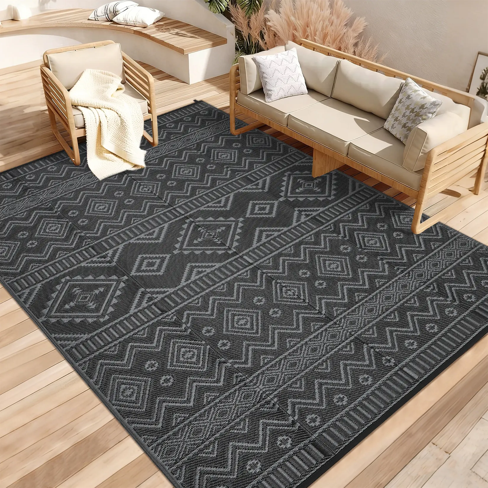 8x10 Waterproof Straw Outdoor Rug - Reversible Plastic Mat, Fade Resistant for RV Camping, Patio Deck Use, Contemporary Home Decor with Geometric Print, Portable Weather Resistant Beach Picnic Carpet