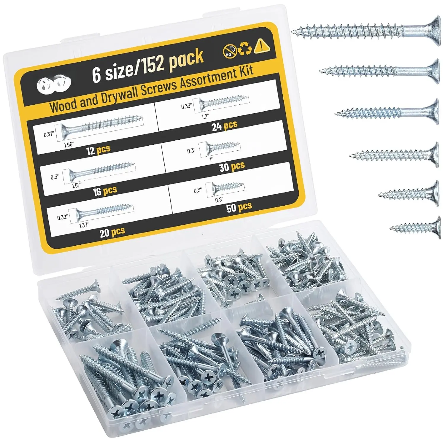 -  Screws  Kit, 152 count, , Phillips Flat  | 6 Sizes (2”, 1-1/2”, 1-1/4”, 1”, 3/4”, 1/2”), Durable   Screws for Woodworking & Household, Storage Box Included