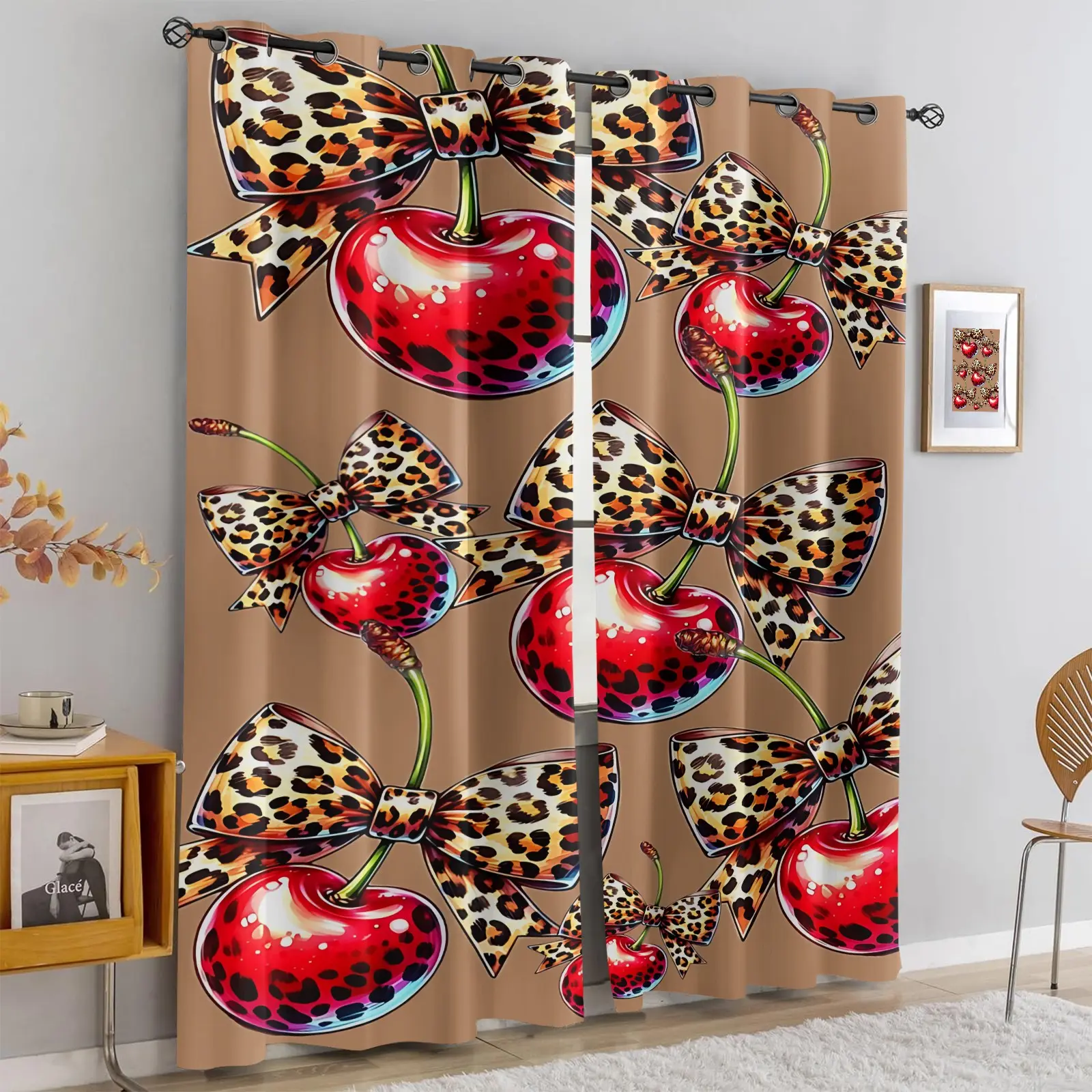 2Pcs Cherry and Leopard Bow Print blackout curtains, Home Decoration Curtain, Beige Fabric Drapes, Fruit Pattern Window Treatments with Animal Print Accents, Modern Home Decor for Bedroom and Living Room, Easy Install, Machine Washable