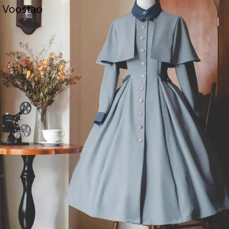 Victorian Vintage Lolita Style Long Dress Women Elegant Classics Shawl Trench Coat Autumn Female Y2k Fashion Slim Party Dresses