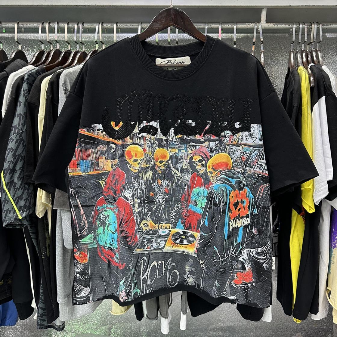 Best Quality Washed Gray Full Rhinestone Bling T-Shirt, Unisex F-Terry Cropped Tee, BKYS Skull Print High Street Hip Hop Rock Retro Y2K Vintage Streetwear, Sparkle Diamond Graphic Casual Short Sleeve Tops for Men Women