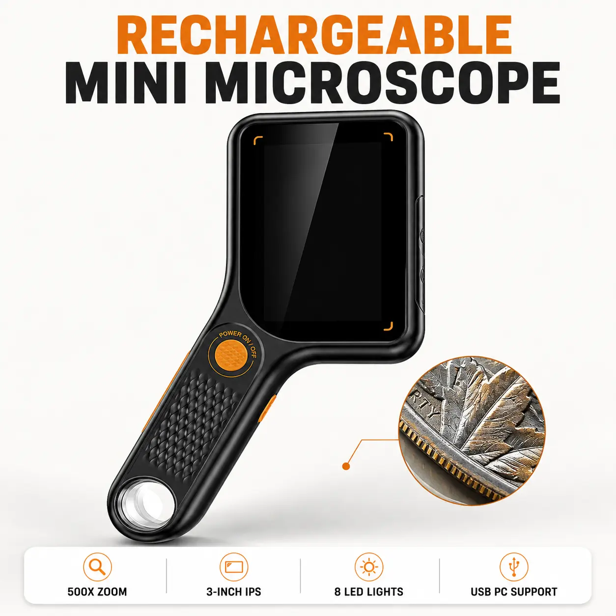 2026 Upgraded Handheld Digital Microscope with 3-Inch IPS Screen, 500X Magnification, 8 Adjustable LED Lights, Rechargeable Pocket Microscope for Kids, Adults, Coins & Science Exploration