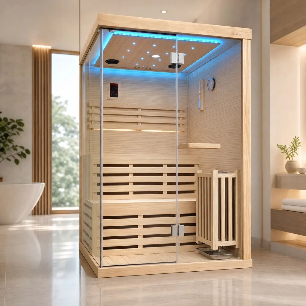 2-Person Design Indoor Sauna Room, ARCH, 3000W Heater, Chilean Pine Wood, Tempered Glass Door, LED Lighting, 1200x1200x1900mm, 180x110.6x111.3cm, 150kg Capacity, Max 90°C, American White Oak Finish, Home Spa for Relaxation & Detoxification