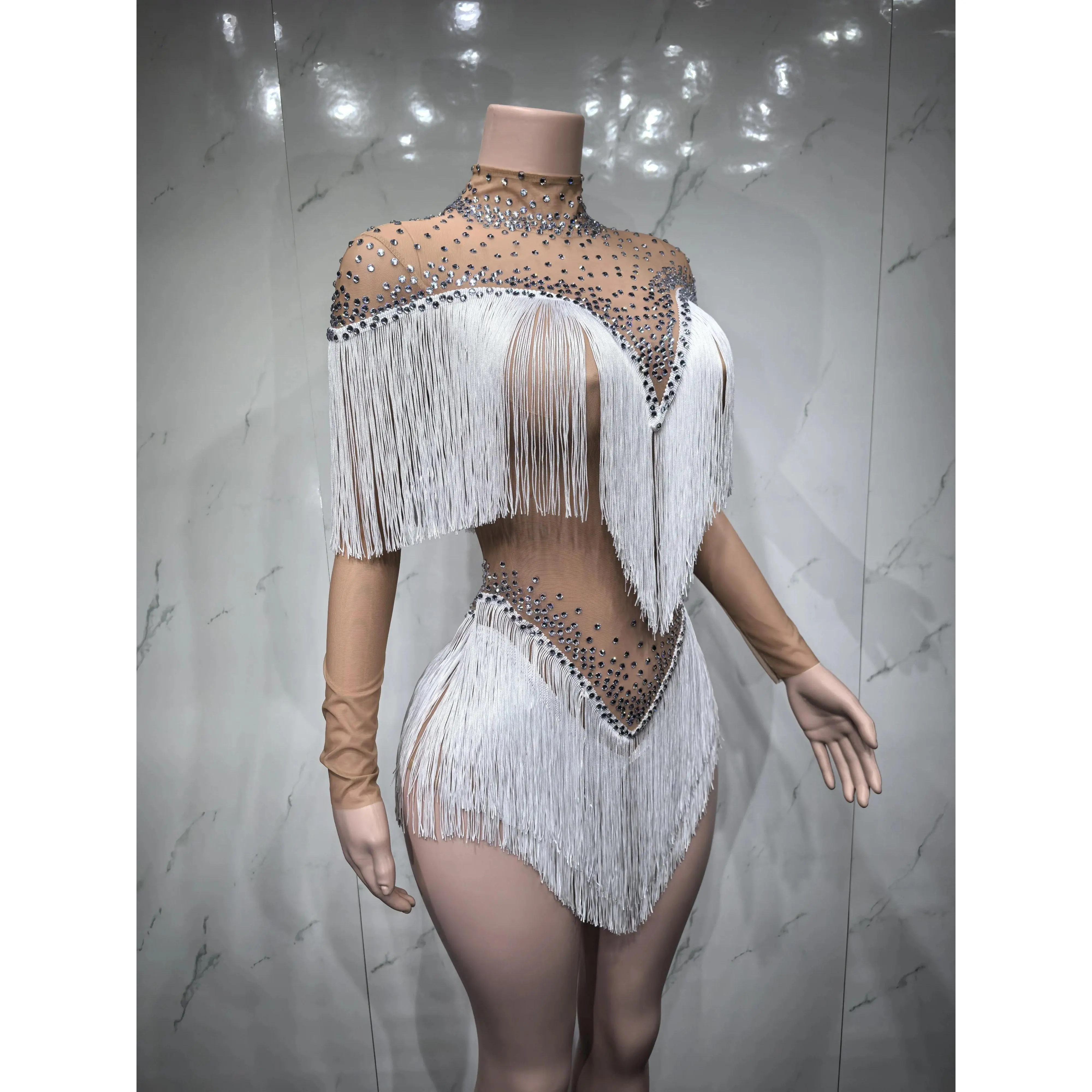 Rhinestones Tassels Bodysuit for WomenSexy Mesh Performance Dance Costume DancerStage Wear Nightclub Outfit  D225