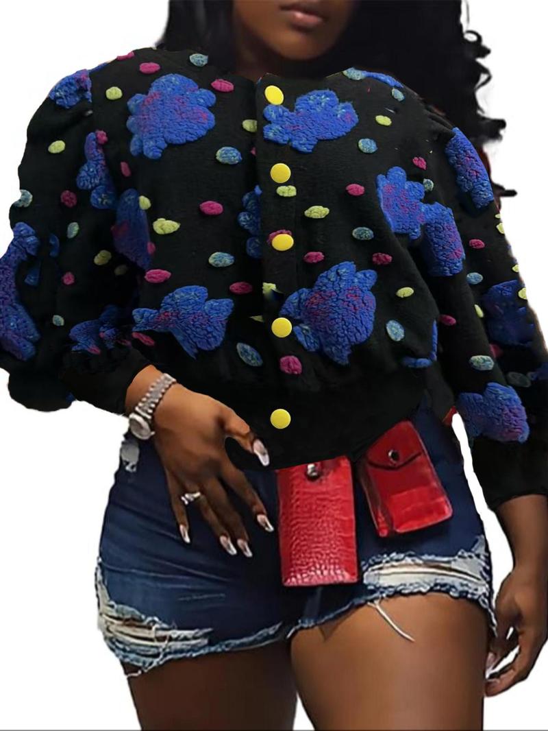 【Plus Size】 Floral Print Button Front Crop Jacket, Casual Long Sleeve Open Front Outerwear for Fall & Winter, Coat, Women's Clothes for Daily Wear, Clothing, Womenswear