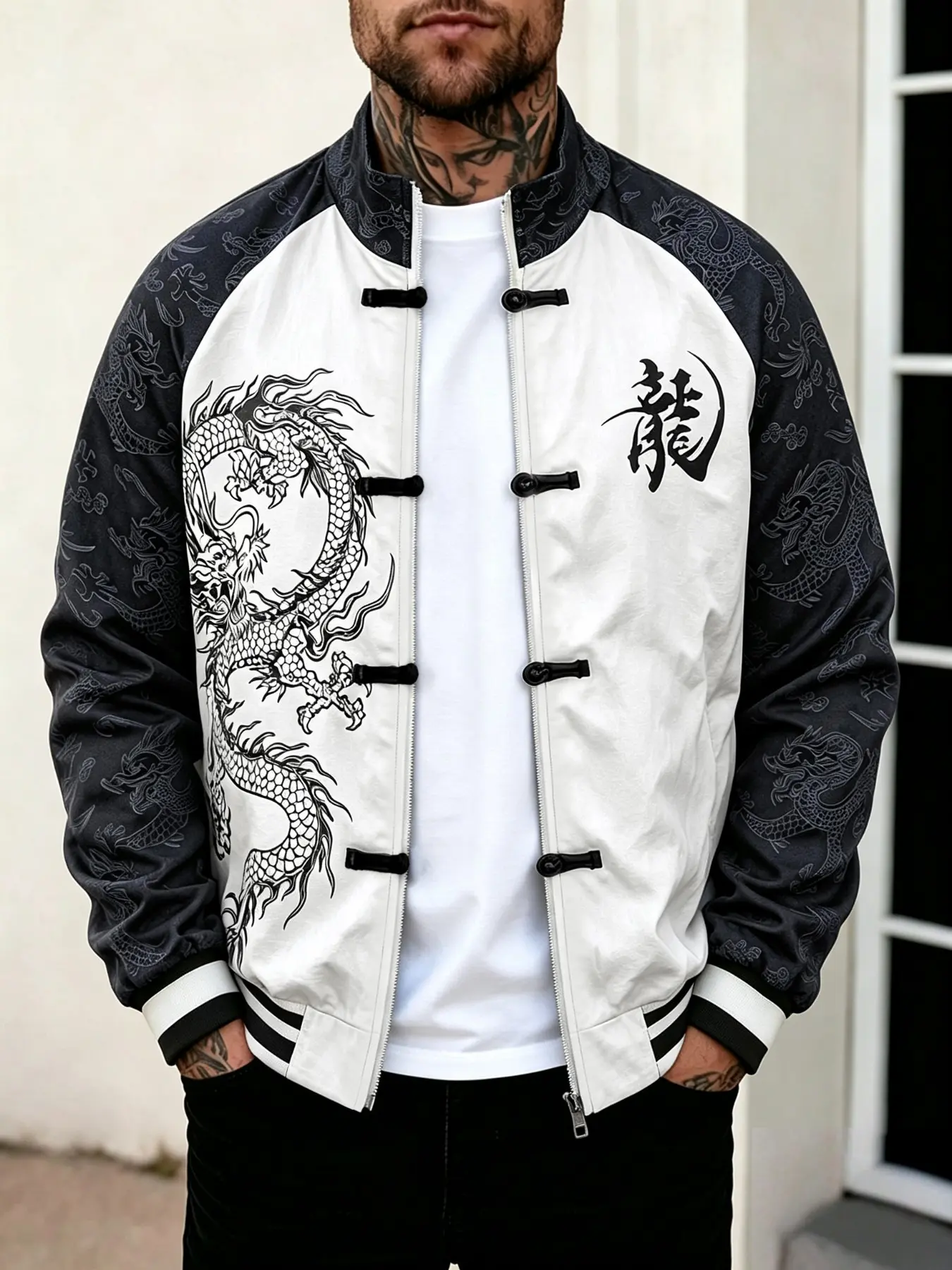 New Traditional Dragon Pattern Baseball Jacket for Men, National Style Button Design, Colorblock Stand Collar, Streetwear Casual Coat for Spring and Fall