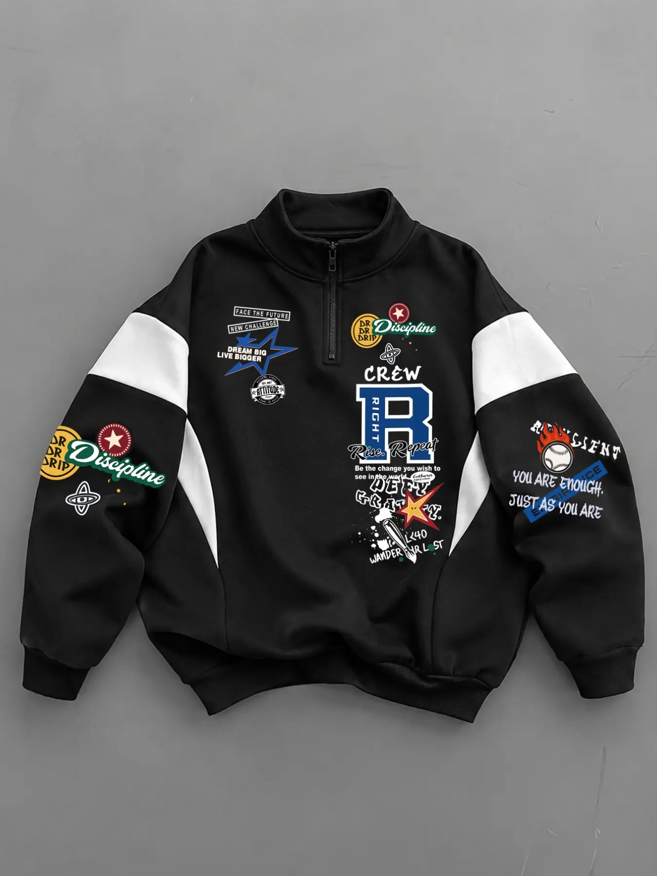Y2K Retro Graphic Patchwork Half Zip Sporty Sweatshirt Oversized Color Block Streetwear Pullover Jacket Unisex Casual Vintage Sports Varsity School Top