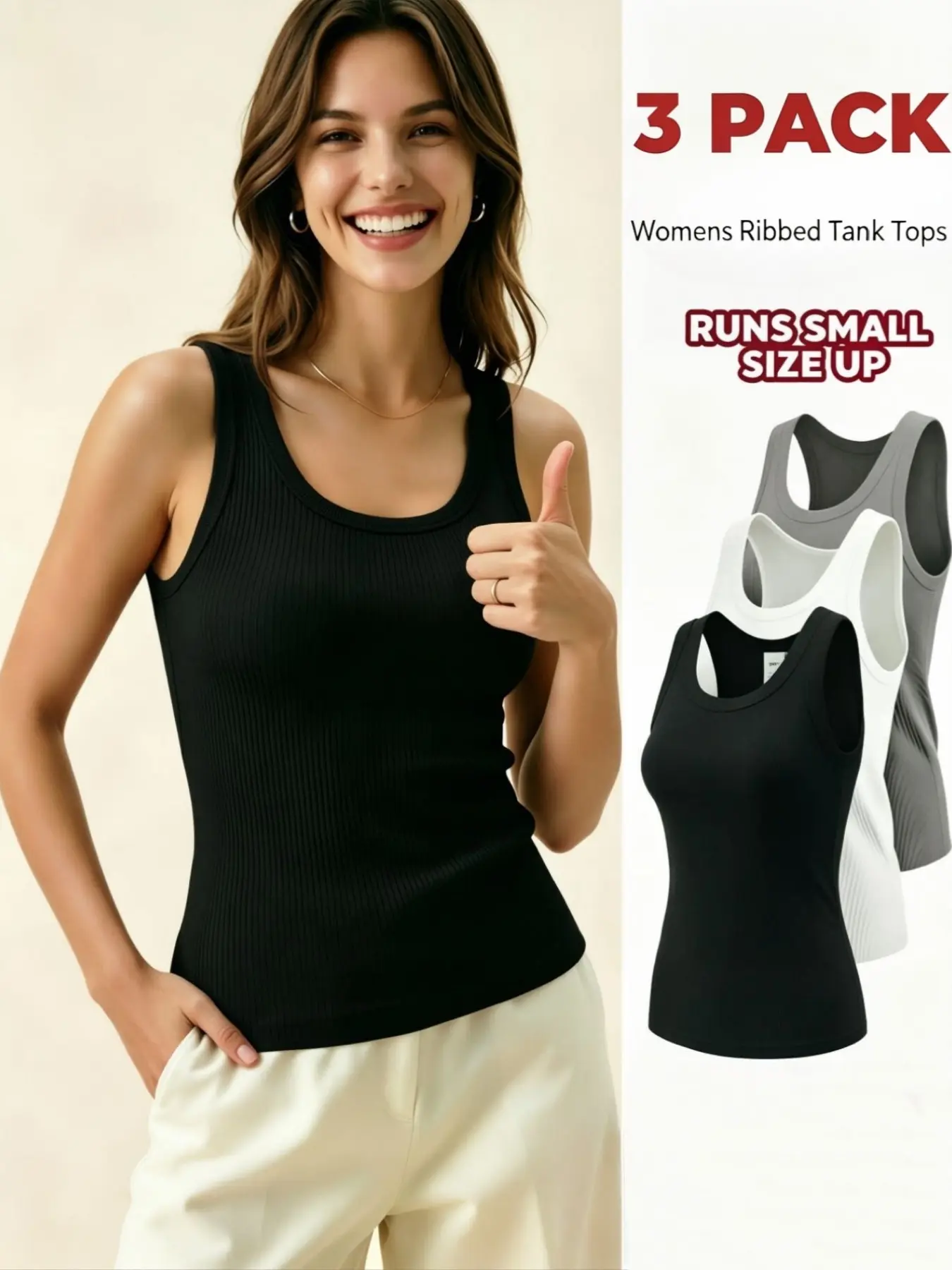 Women's Ribbed Tank Top 3-Pack, Round Neck Sleeveless Basic Tee, Soft Stretch Strap Shirt, Casual Sporty Style, All-Season Multicolor
