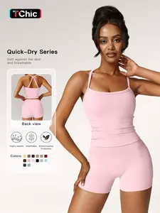 Two-piece Set Women's Solid Backless Cami Top & High Waist Shorts Tracksuit Set, Sleeveless Spaghetti Strap Crop Top & Skinny Shorts, Ladies Sportswear for Indoor Outdoor Wear, Gym Wear, Backless Gym Clothes
