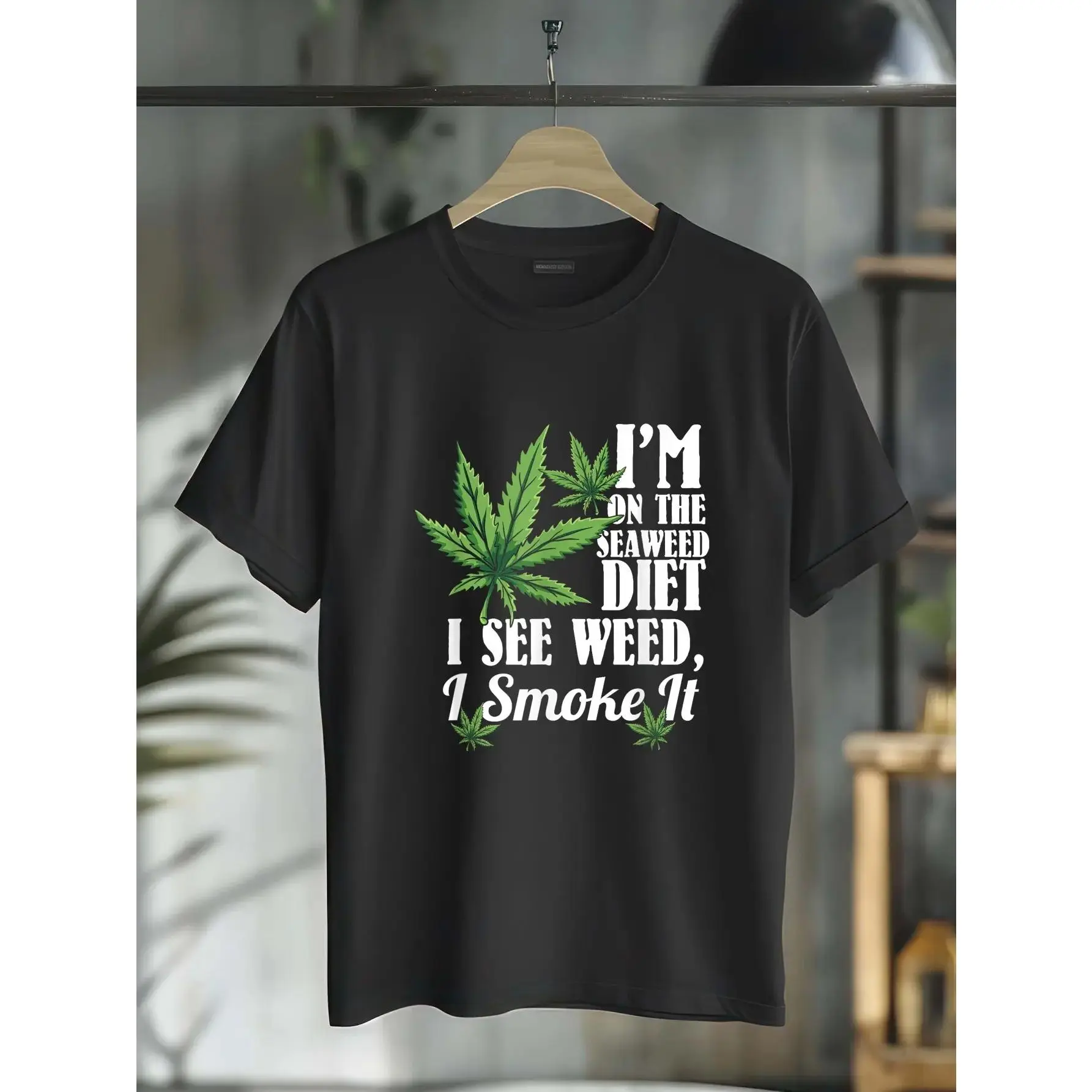 Women's 100% Cotton Short-Sleeve Round Neck Casual Distressed Graphic T-Shirt, Funny Weed Stoner "See Weed Smoke It" Design