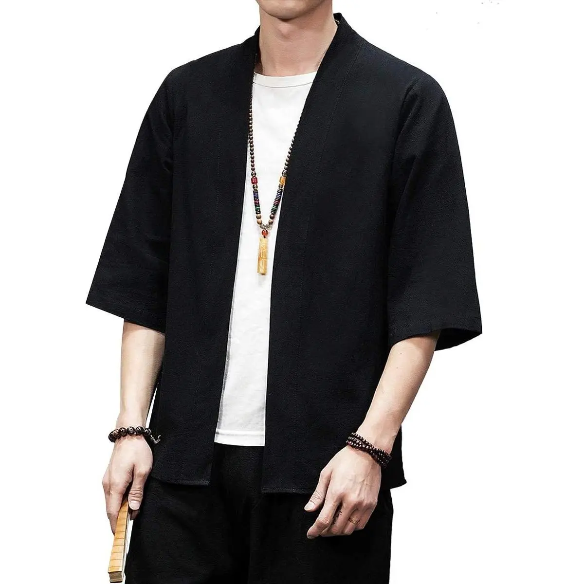 Men's Lightweight Casual Kimono Cardigan Jacket - Cotton Linen Blend Open Front Coat with Seven Sleeves, Perfect for Spring Summer Autumn Daily Wear