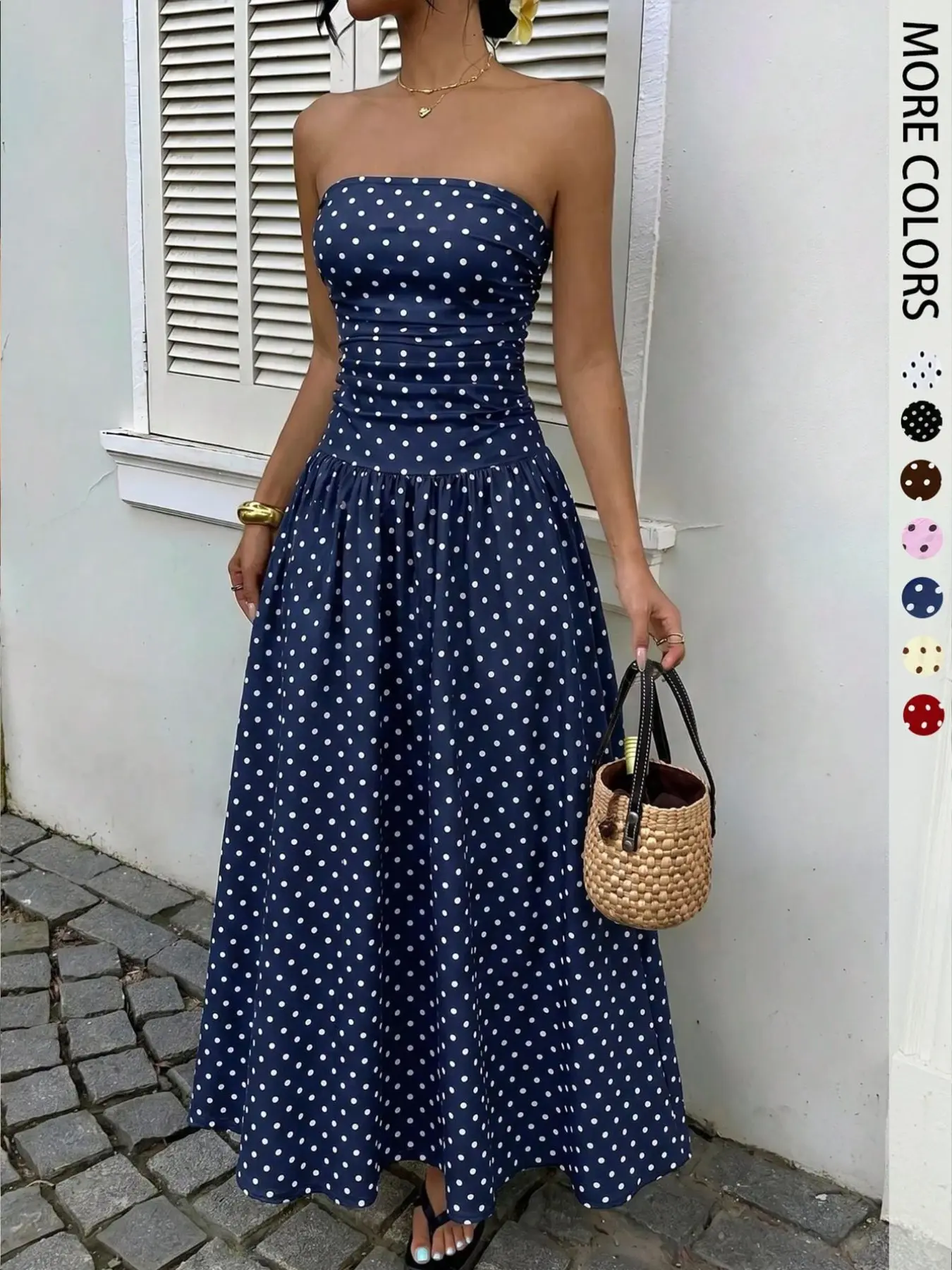 Women's Polka Dot Halter High Neck Sleeveless Long Skirt, Elegant Fitted Ruffle Dress, Perfect for Daily Wear or Parties