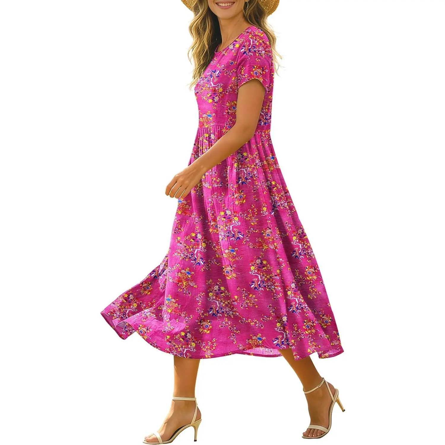 Women's Cotton-Rayon Blend Bohemian Beach Classy Style Boho Floral Midi Raincoat - Short-Sleeve, Loose, Pockets, Flower/Sun Accents, Smooth, Feminine, Drape, Breathable, Lightweight, Casual Wear (HD1 Gift) - Miscellaneous Home Supplies Raincoat