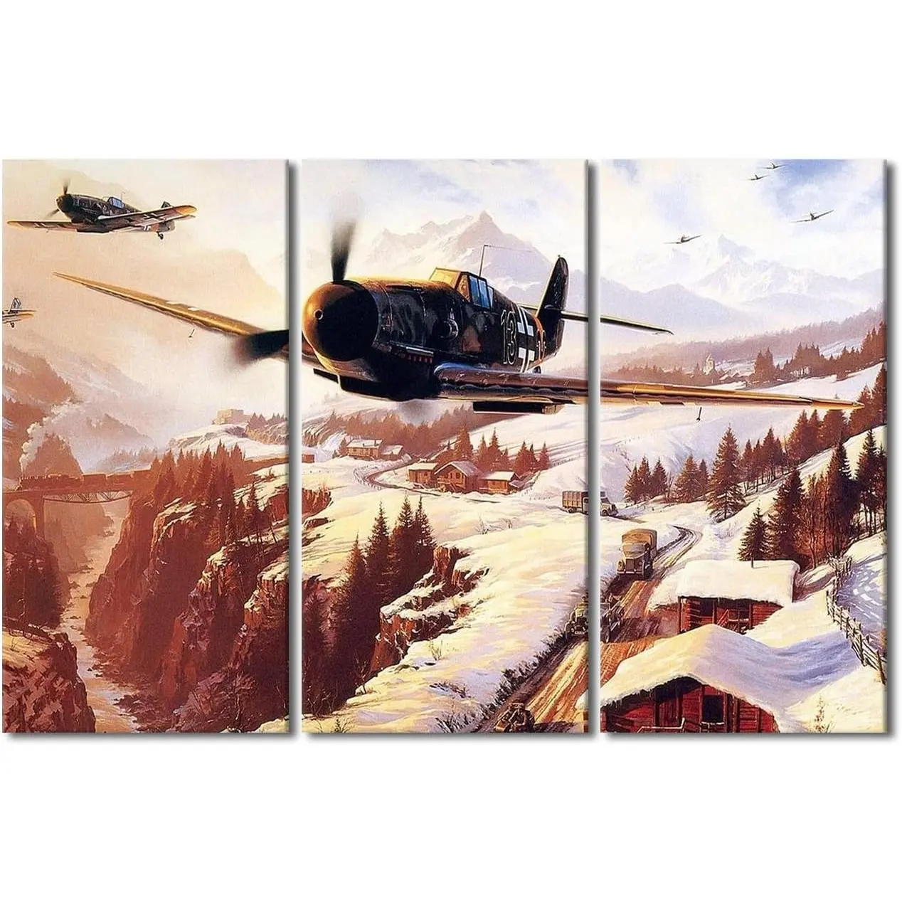 Framed Canvas Wall Art 3 Panels Aircraft Wall Art World War II Poster Art Canvas Wall Art Outdoor Natural Landscape Paintings Bedroom Wall Decor Canvas Artwork Posters Prints Ready to Hang-40"x60"H