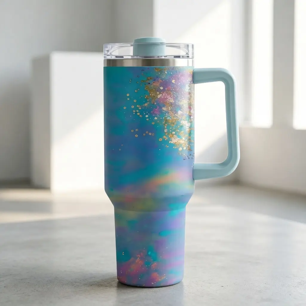40oz Large Size Printed Pastel Iridescent Teal Galaxy Glitter Stainless Steel Insulated Tumbler - Portable Vacuum Flask, Water Bottles, Handle, Leakproof Lid, Straw, Hot & Cold Preservation, Aesthetic Gift for Women, Office Use