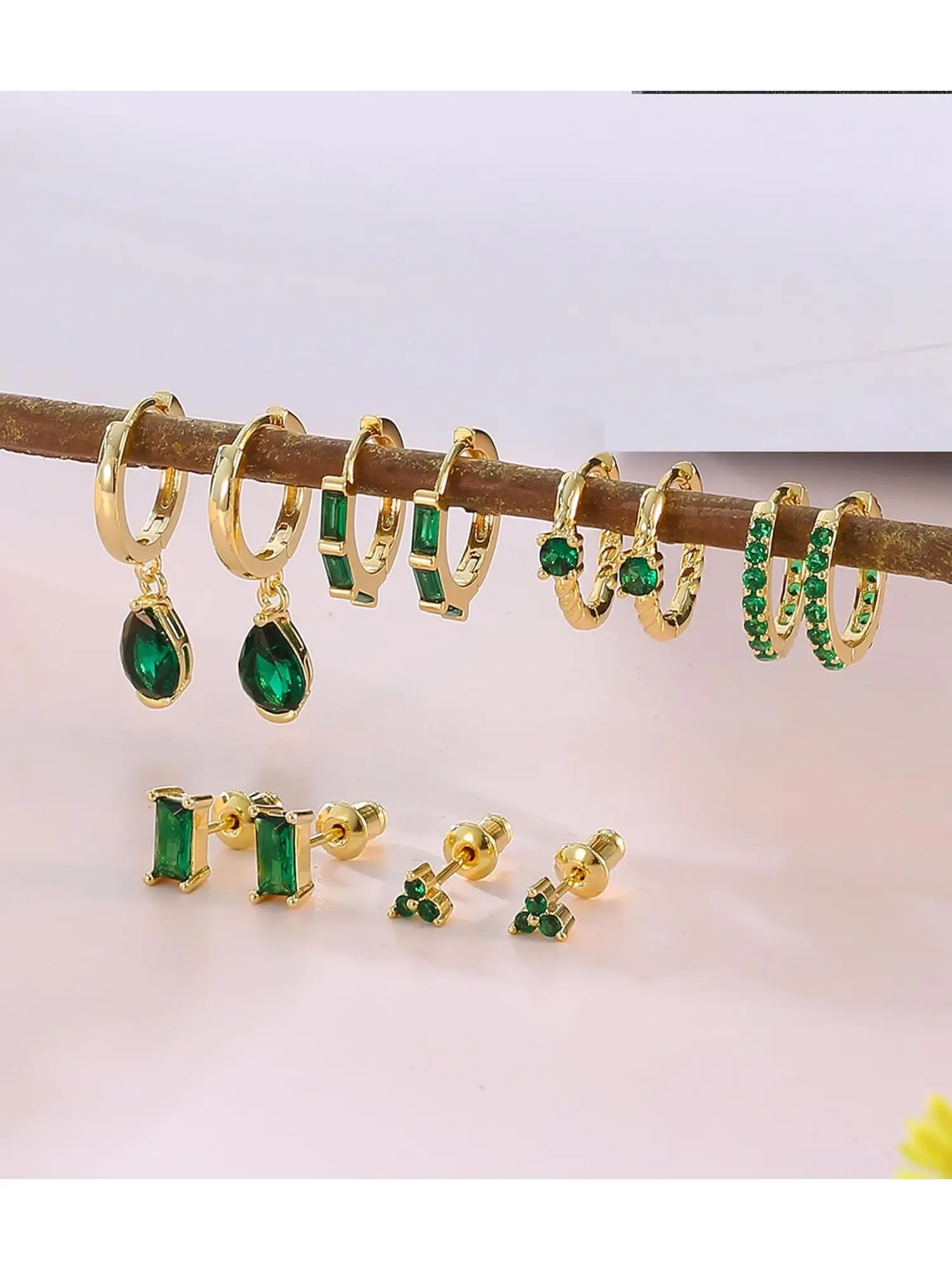 Dainty Emerald Green CZ Earrings for Women, 6 Pairs Small 14K Gold Hoop & Stud Set for Multiple Piercings, Earring Studs