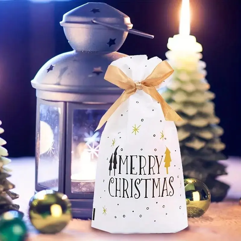 50-Pack Christmas Drawstring Gift Bags, Festive Christmas Tree Design, Durable Plastic Holiday Wrapping Pouches for Gifts