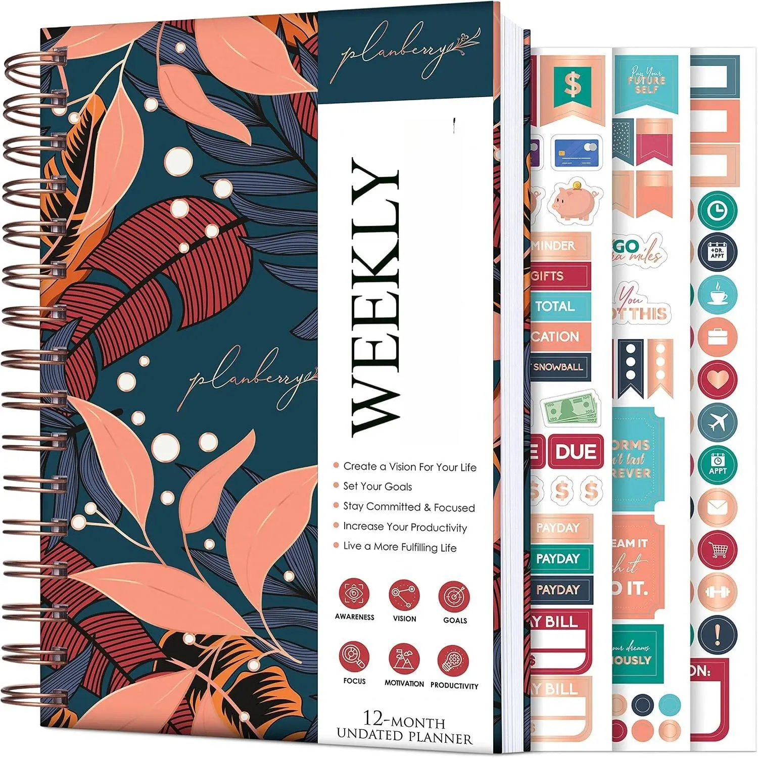 Weekly Planner - Undated Life Organizer & Budget Planner - Time Management, Goal Setting, To-Do List, Work-Life  & Habit  - 6.1? x 8.1? (Tropical Night)