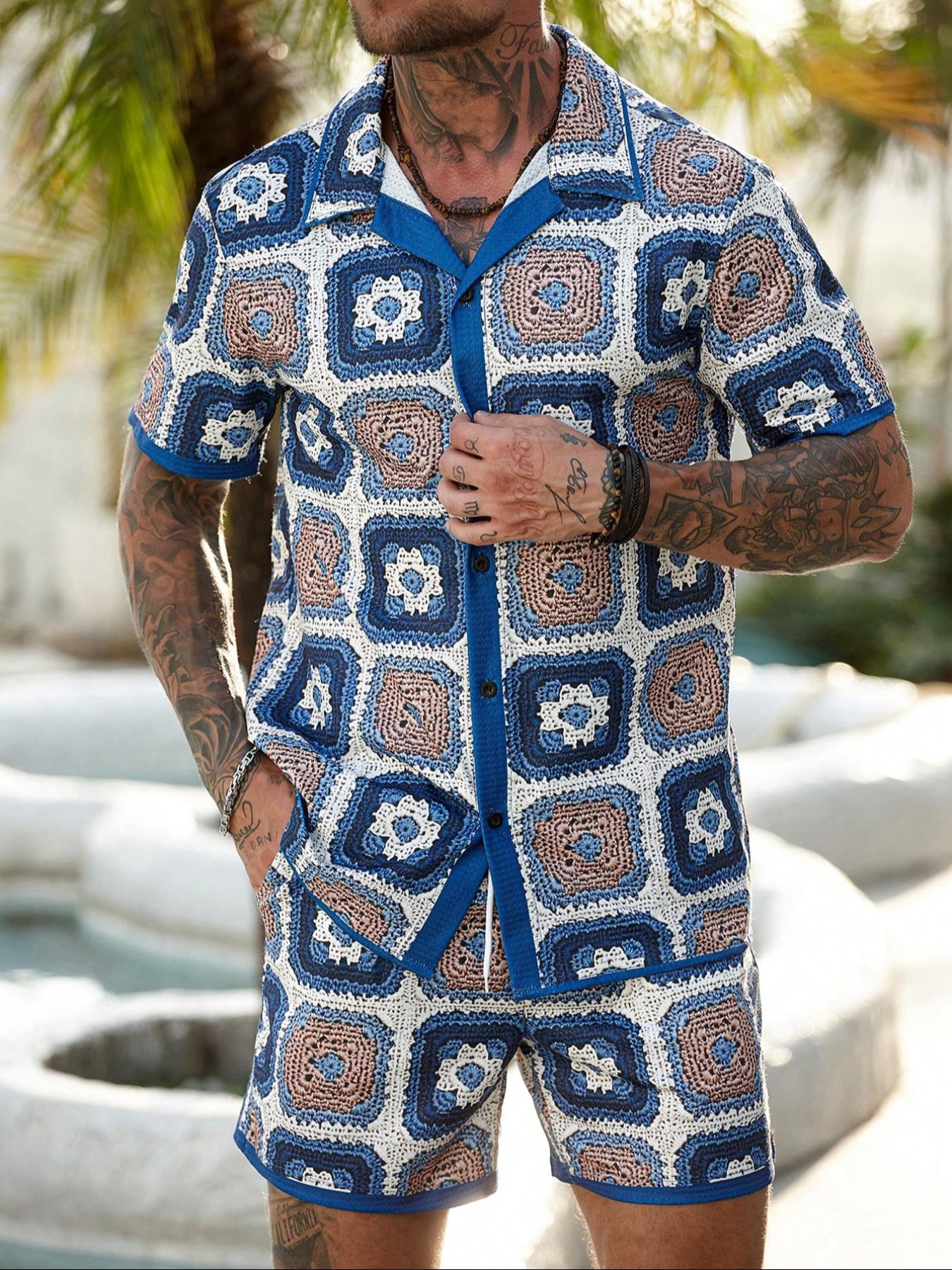 Two-Piece Set Men's Regular Fit Tropical Floral Print Button Shirt & Drawstring Waist Shorts Set, Casual Short Sleeve Collared Top & Pocket Shorts, Men's Two-piece Outfits for Summer Beach Vacation