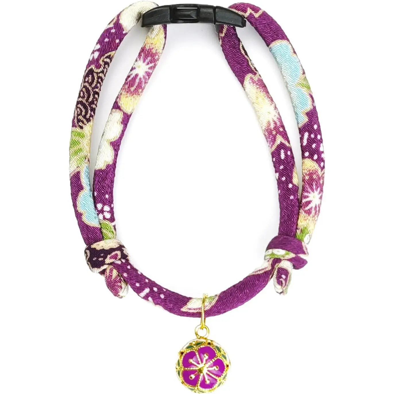 Breakaway Cat Collar. Japanese Plum Blossom Bell & Chic Kimono Design, Soft Adjustable Kitten Collar for Boys & Girls