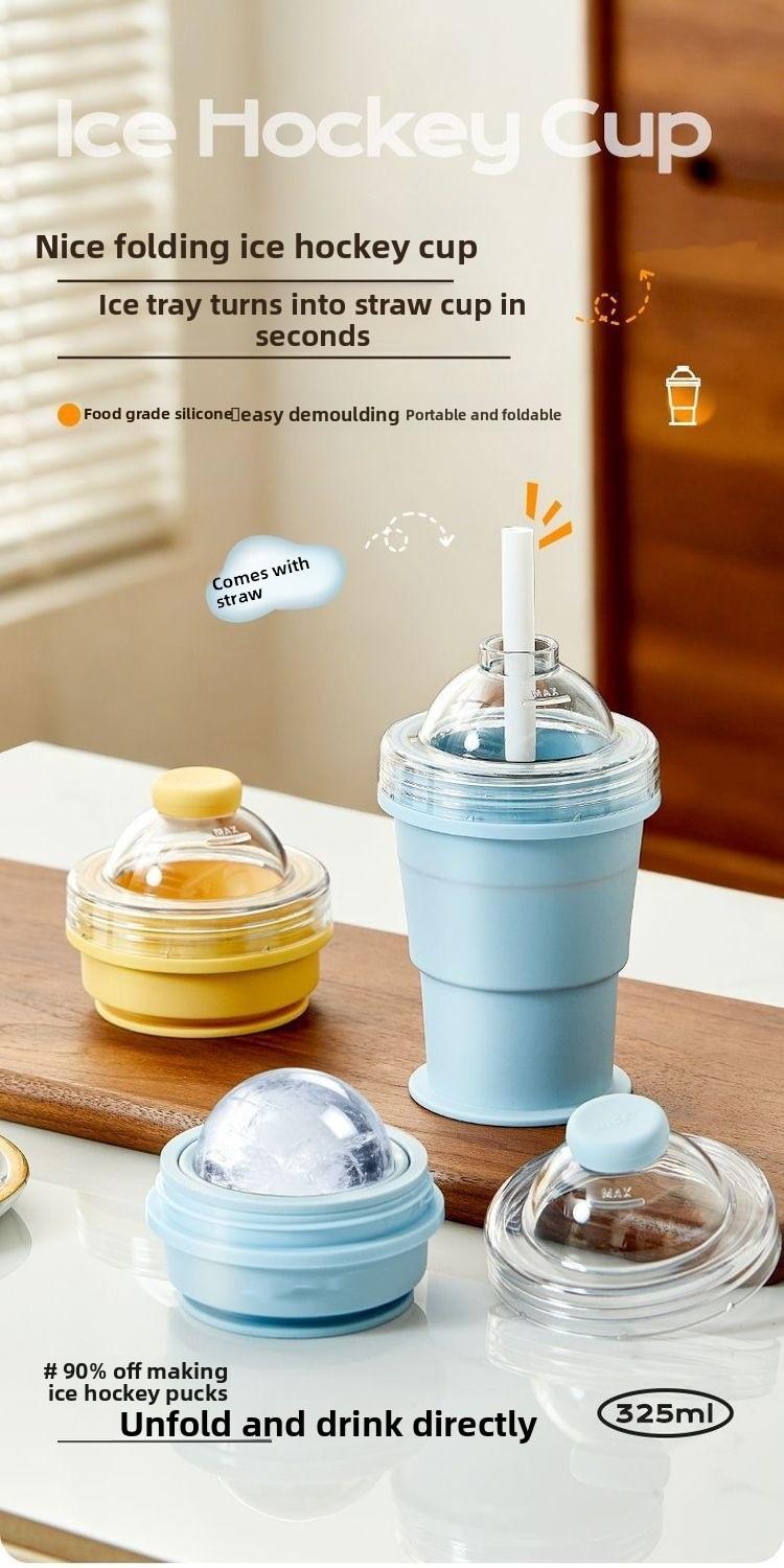 Portable Foldable Ice Ball Cup Silicone Food Grade Ice Maker With Straw Summer Outdoor Travel Mug