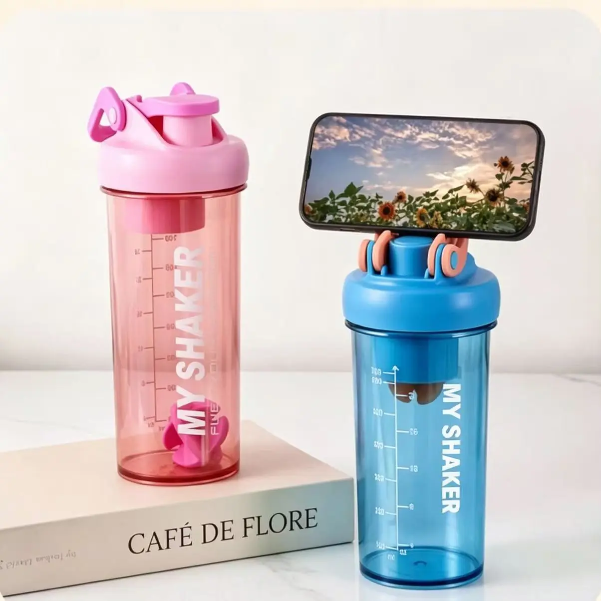 Portable Creative Multi-Functional Phone Stand Shaker Cup, Fitness Outdoor Protein Mixer Juice Cup, Sports Water Bottle