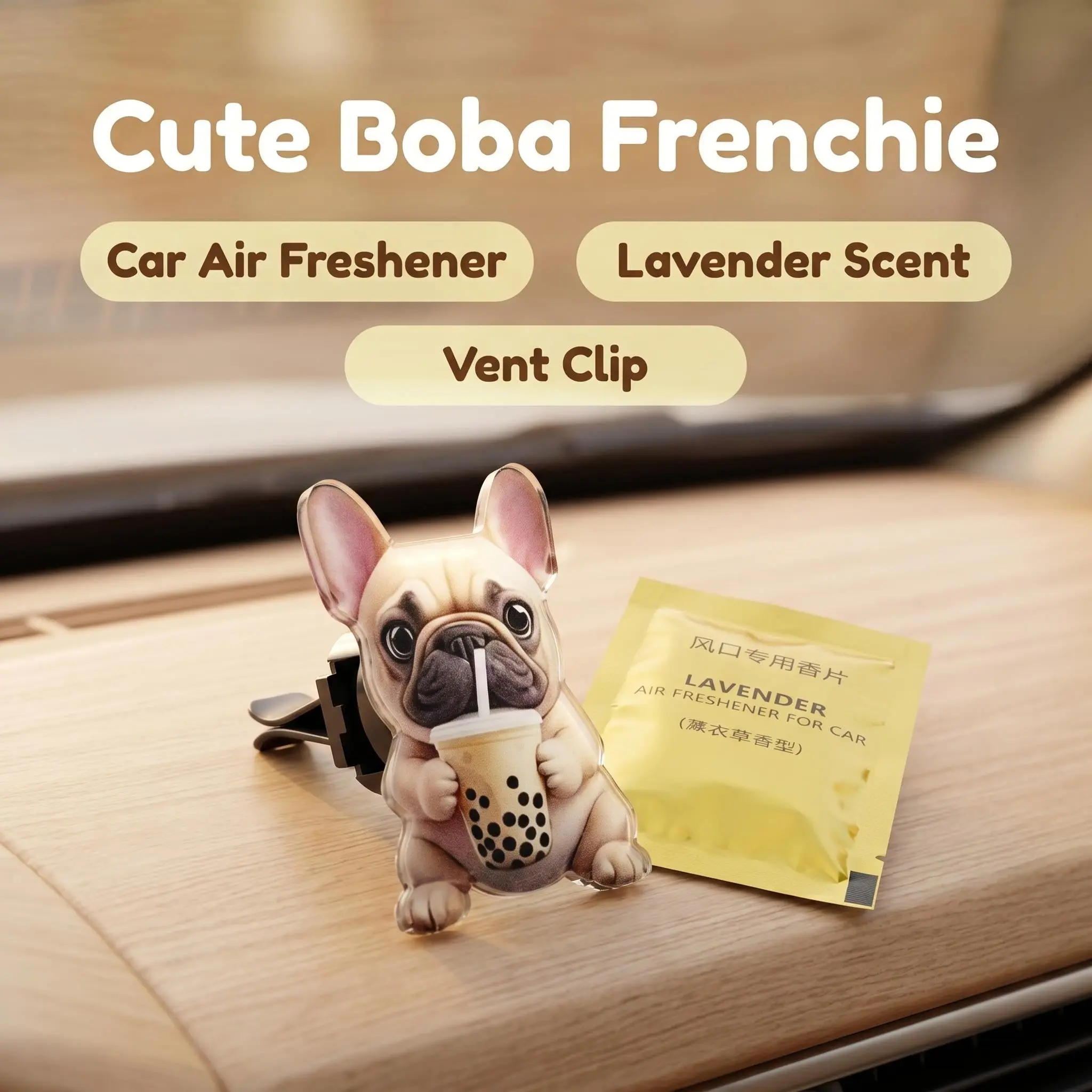 2D Cute French Bulldog Bubble Tea Car Air Freshener Clip, Acrylic Car Vent Scent Decor with Fragrance Refill Pads, Auto Interior Ornament, Gift for Dog Lovers, Girlfriend & Boyfriend