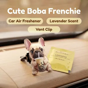 2D Cute French Bulldog Bubble Tea Car Air Freshener Clip, Acrylic Car Vent Scent Decor with Fragrance Refill Pads, Auto Interior Ornament, Gift for Dog Lovers, Girlfriend & Boyfriend