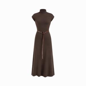 Cider Knit High Neck Long Sleeve A-line Maxi Dress With Belt