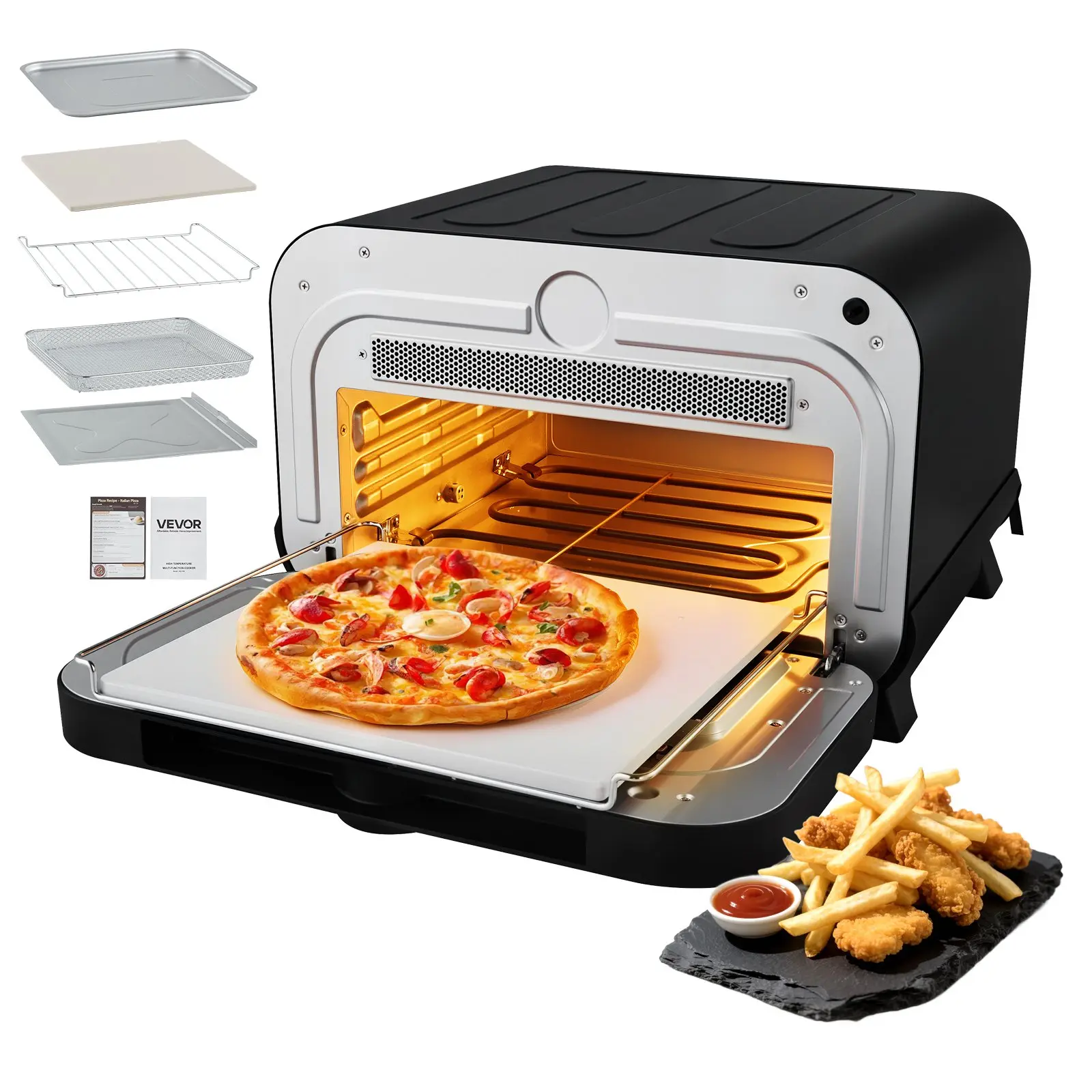 Pizza Oven, 8 Presets Electric Pizza Ovens Air Fry Combo, 12-Inch Indoor Pizza Maker Smart Knob Control, 750F Max Temp, IPX4 Waterproof Countertop Pizza Cooker w/Pizza Stone, Fry Basket