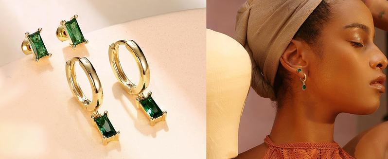 Zelores 6Pairs 14K Gold Plated Hoop Earrings for Women 6 Pairs Emerald Green Earrings Dainty Small Hoop Earrings Stud Earrings Sets for Multiple Piercing