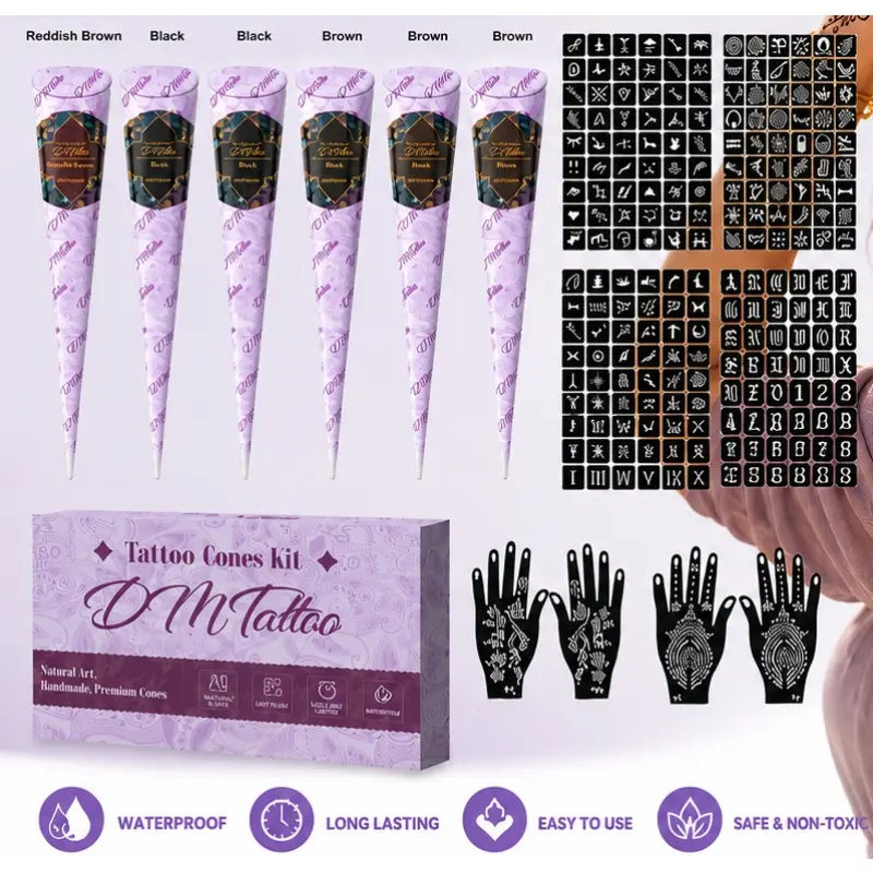 Natural Henna Tattoo Cones Kit 6 Pcs Multi Shades Temporary Mehndi Paste with Tattoo Stencils, Waterproof Safe Long Lasting DIY Body Art Temporary Tattoo Set for Girls & Women