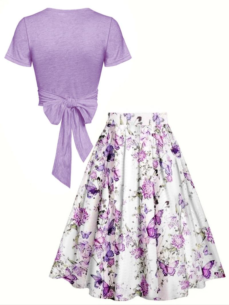 Women's Plain Top & Floral Print High Waist Skirt Two-piece Set, Casual Fashion Cozy Top & Skirt for Daily Outdoor Wear, Ladies Outfits for Summer