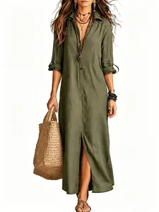 Military Long Sleeve Shirt Cotton Linen Dress, Bohemian Style, Turn-Down Collar, Roll-Up Sleeves, High Split Hem, Breathable Fabric