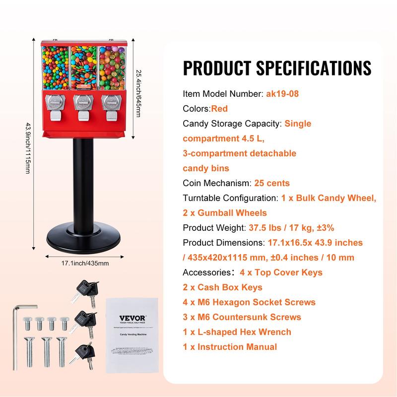 Commercial Vending Machine, Triple Compartment Candy Dispenser with Iron Stand, Gumball and Candy Machine for Business, Coin Operated Gumball Bank for Toy Capsules Bouncy Balls Candy Nut, Red