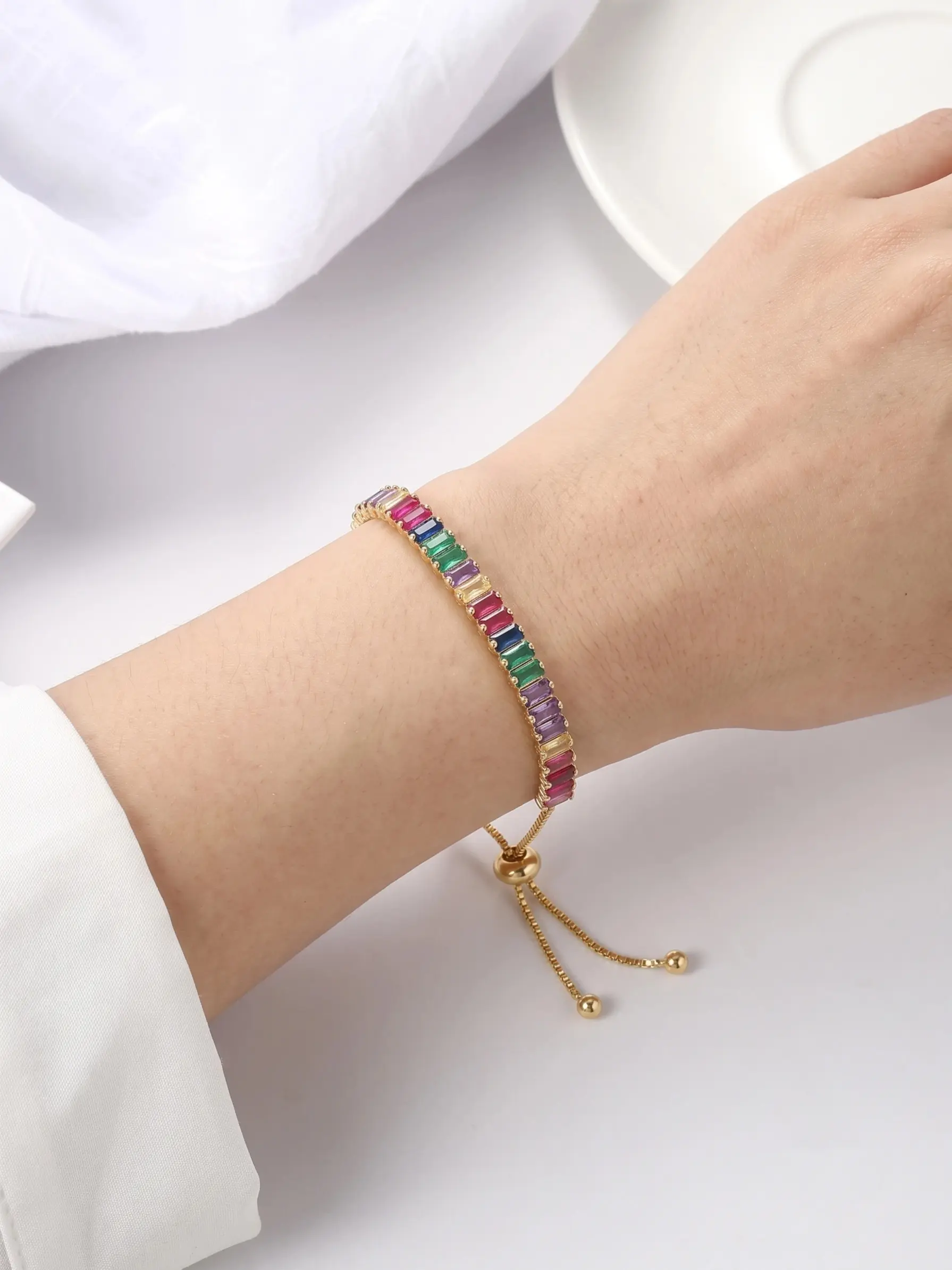 1pc Rainbow CZ Tennis Bracelet for Women, Adjustable Gold Bolo Bracelet, Colorful Cubic Zirconia Bracelet, Trendy Everyday Jewelry, Gift for Her