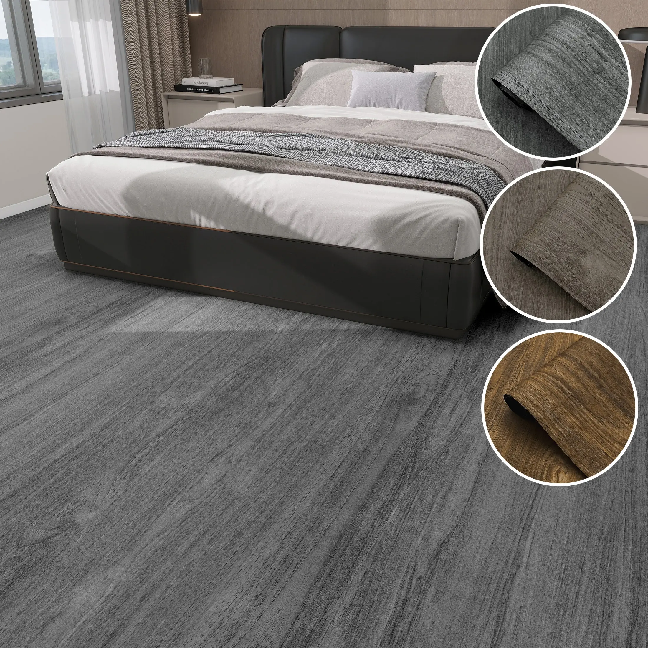 Peel and Stick Wood Vinyl Flooring, 40cm*200/300/500/1000cm, 3 Colors Natural Texture, Residue-Free Self-Adhesive, Living Room Bedroom Renovation