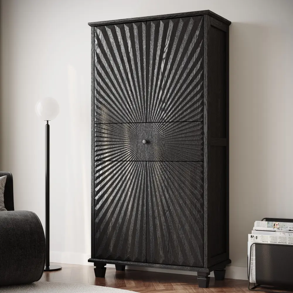 64.5in Tall Rectangle Accent Cabinet - 4 Wood Grain Doors, 1 Drawer, 3D Hollow Design, Modern Freestanding Sideboard Buffet Cupboard for Living Room, Dining Room, Kitchen Storage (Black)