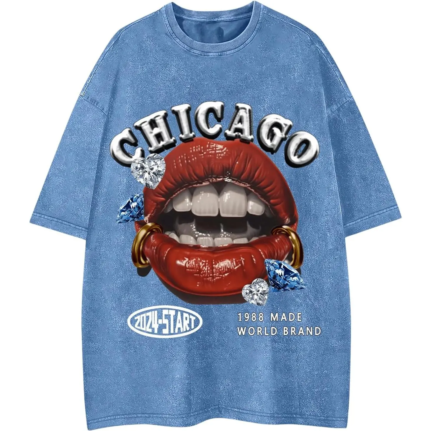WDIRARA Men's Lip Graphic Tees Vintage Hipster Hip Hop Crew Neck Y2k T-Shirt Streetwear Top