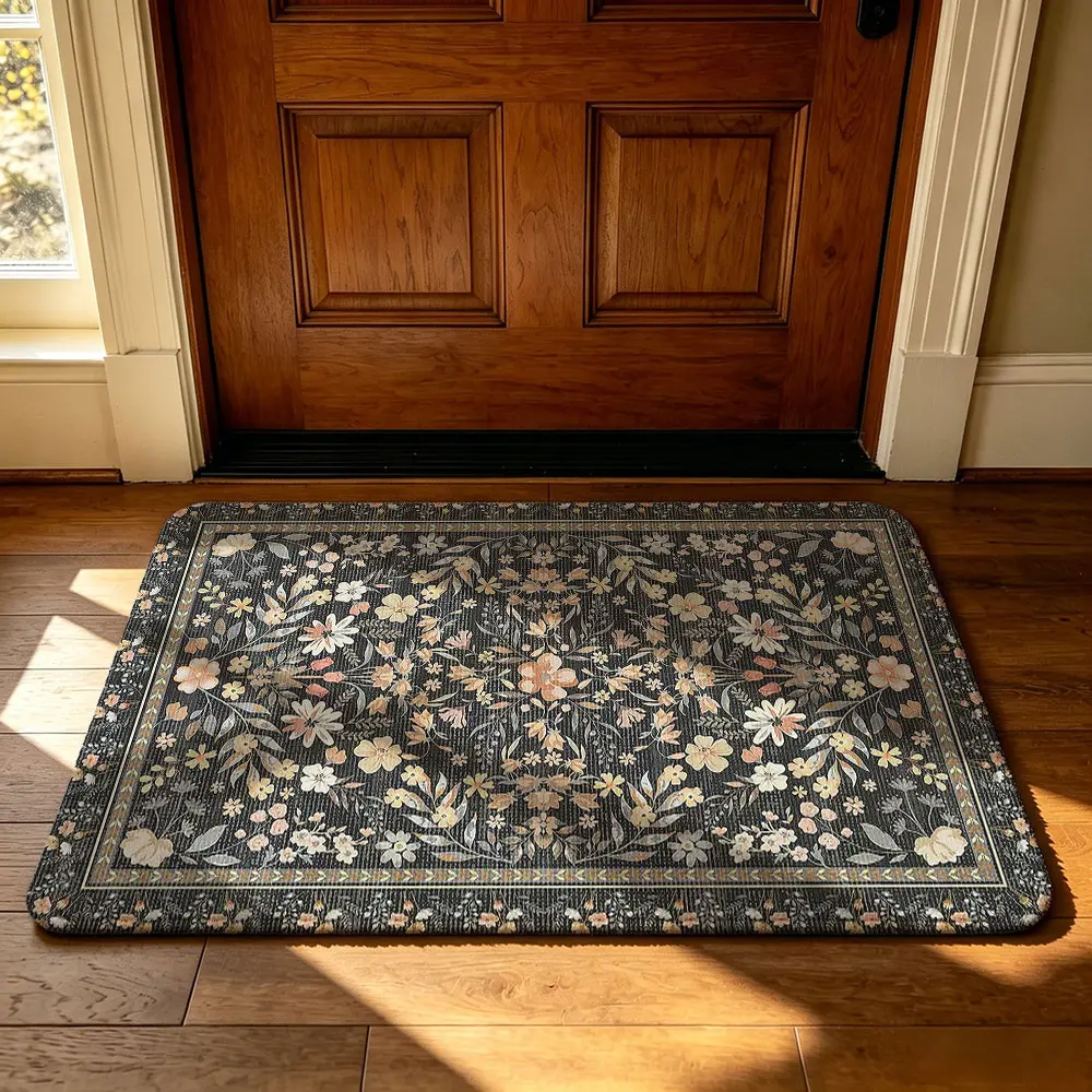 A rectangular indoor floor mat, Non slip doormat, with a retro floral pattern, featuring a silicone fleece border that prevents slipping, machine-washable, suitable for entrance, bedrooms, bathrooms, Entryway Floor Mat
