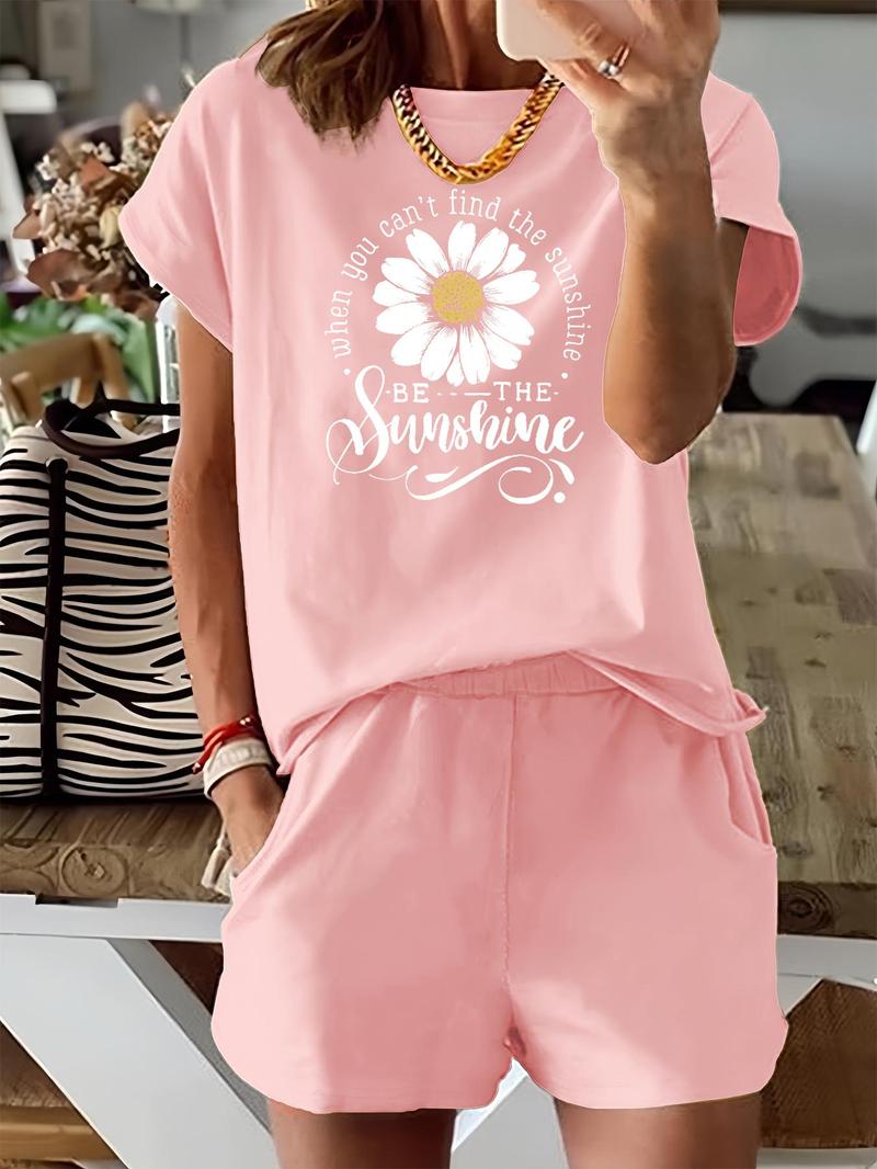 Women's Floral & Letter Print Two-piece Set, Casual Short Sleeve Tee & Elastic Waist Shorts Set, Ladies Summer Outfits for Daily Wear