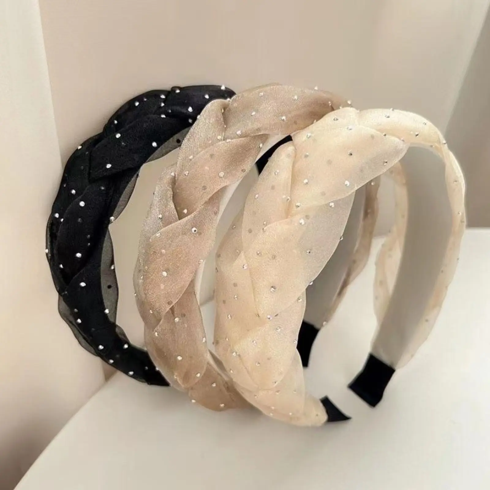 Women Hair Headband Universal Elegant Hair Accessories, Viral Black Tulle Rhinestone Twist Knotted Hair Band, Underrated Romantic Sheer Mesh Scalloped Edge Hair Hoop, Sparkly Tiny Crystal Woven Organza Non-Slip Headband, Lightweight Breathable Soft Fabric