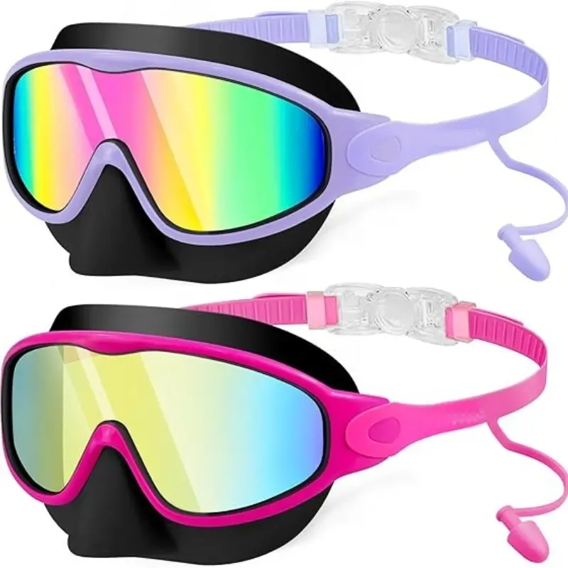 Swimming Goggles with Nose Bridge and Ear Plugs, Anti-Fog Wide Vision, Kid Swim Goggles, Suitable for Boys and Girls Ages 3-12, Water Goggles